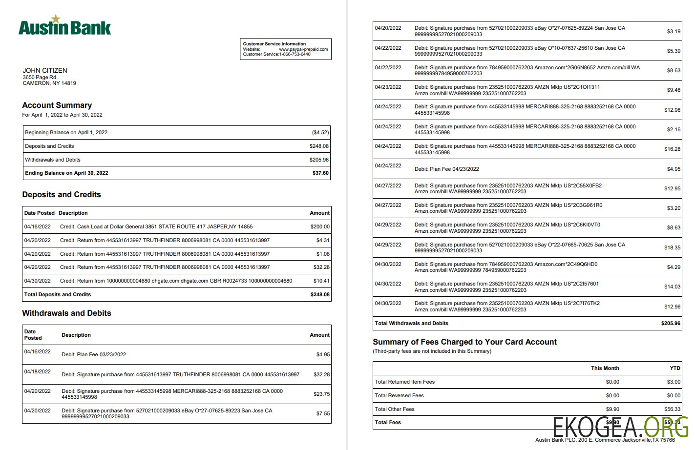 Relevé de la banque Austin USA 2 pages